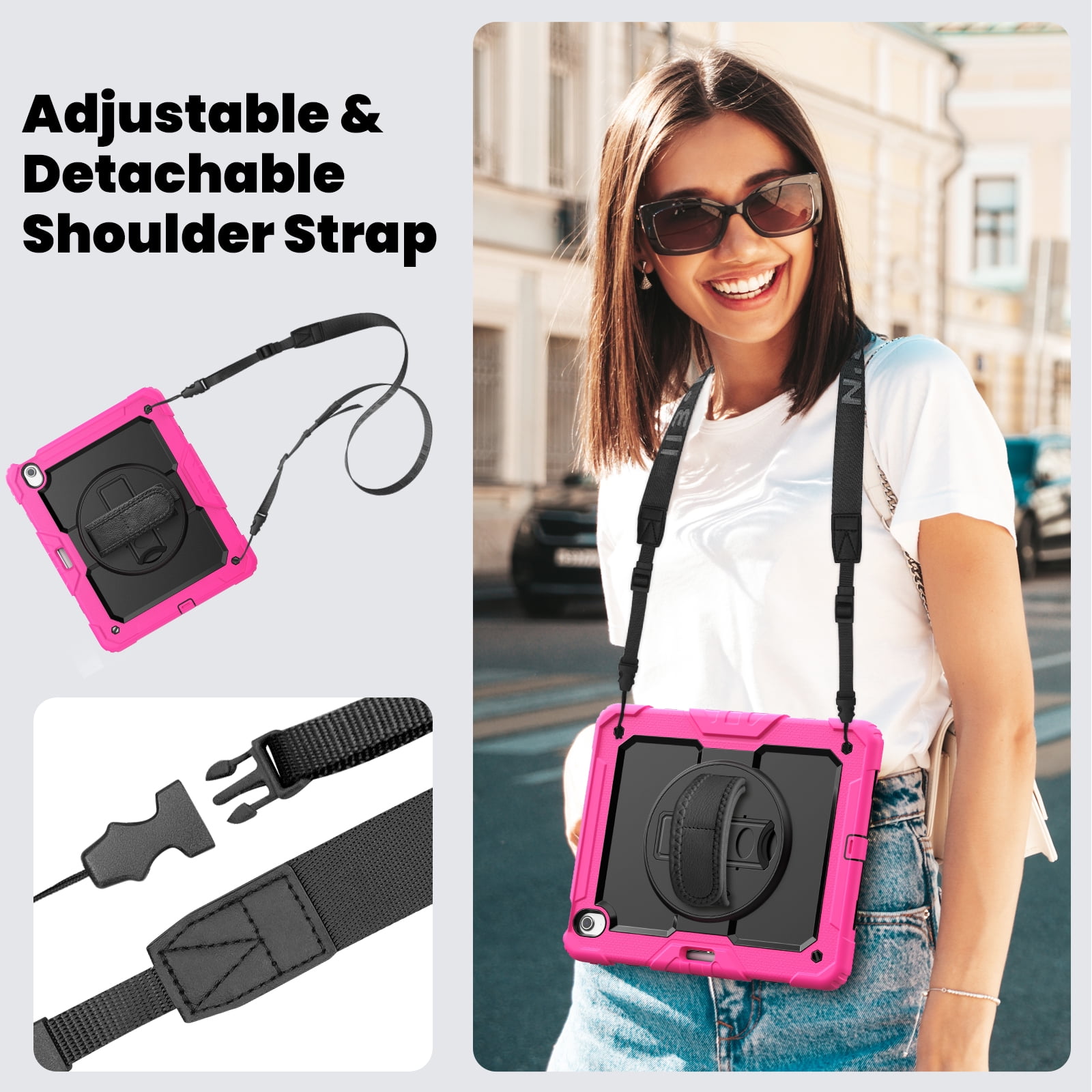 Allytechgroup iPad Pro 13 2024 Case with Screen Protector / Shoulder Strap/ Pencil Holder, Heavy Duty Shockproof Rugged Handle Kickstand Bumper Case Cover for Apple iPad Pro 13 Inch 2024 M4,Rose