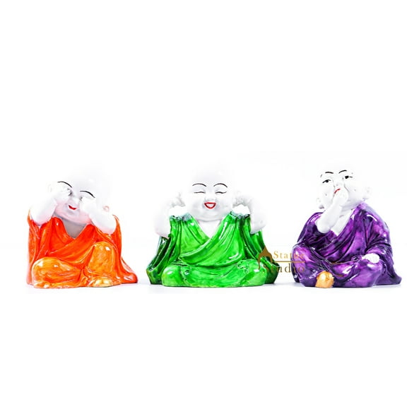 StatueStudio Feng Shui Laughing Monk Statue Set of 3 Buddha Idol for Car Dashboard Home Decor Living Room, Office Table Showpiece (5 X 3.5 X 5 Inch)