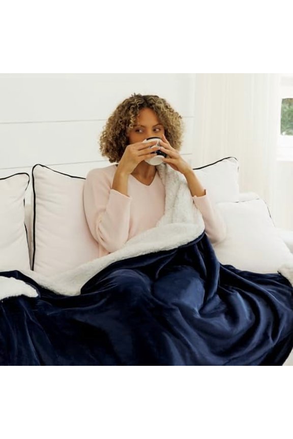 Sherpa Blanket for Couch, Warm and Lightweight Throw, Soft Fuzzy Plush Fleece for Winter, Estate Blue 50x60 Inches
