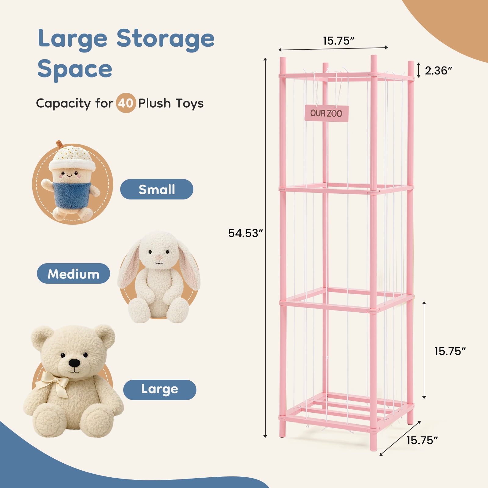 CONCETTA Toy Storage Organizer, Wooden Toy Holder Cage - Holds 40+ Plush Toys, Sturdy Wood & Steel Screw Construction for Toddler Room, Playroom, Bedroom, Pink