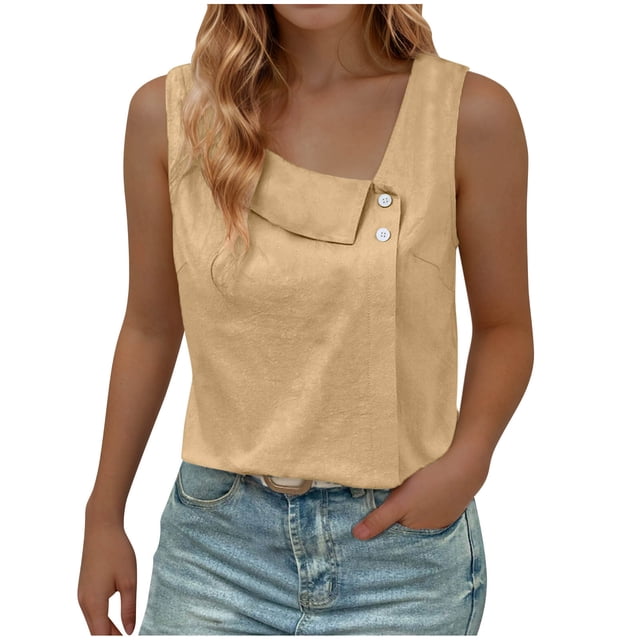 Timegard Tank Tops for Women V-Neck Button Sleeveless Lightweight Solid Color Tops Casual Loose Blouse