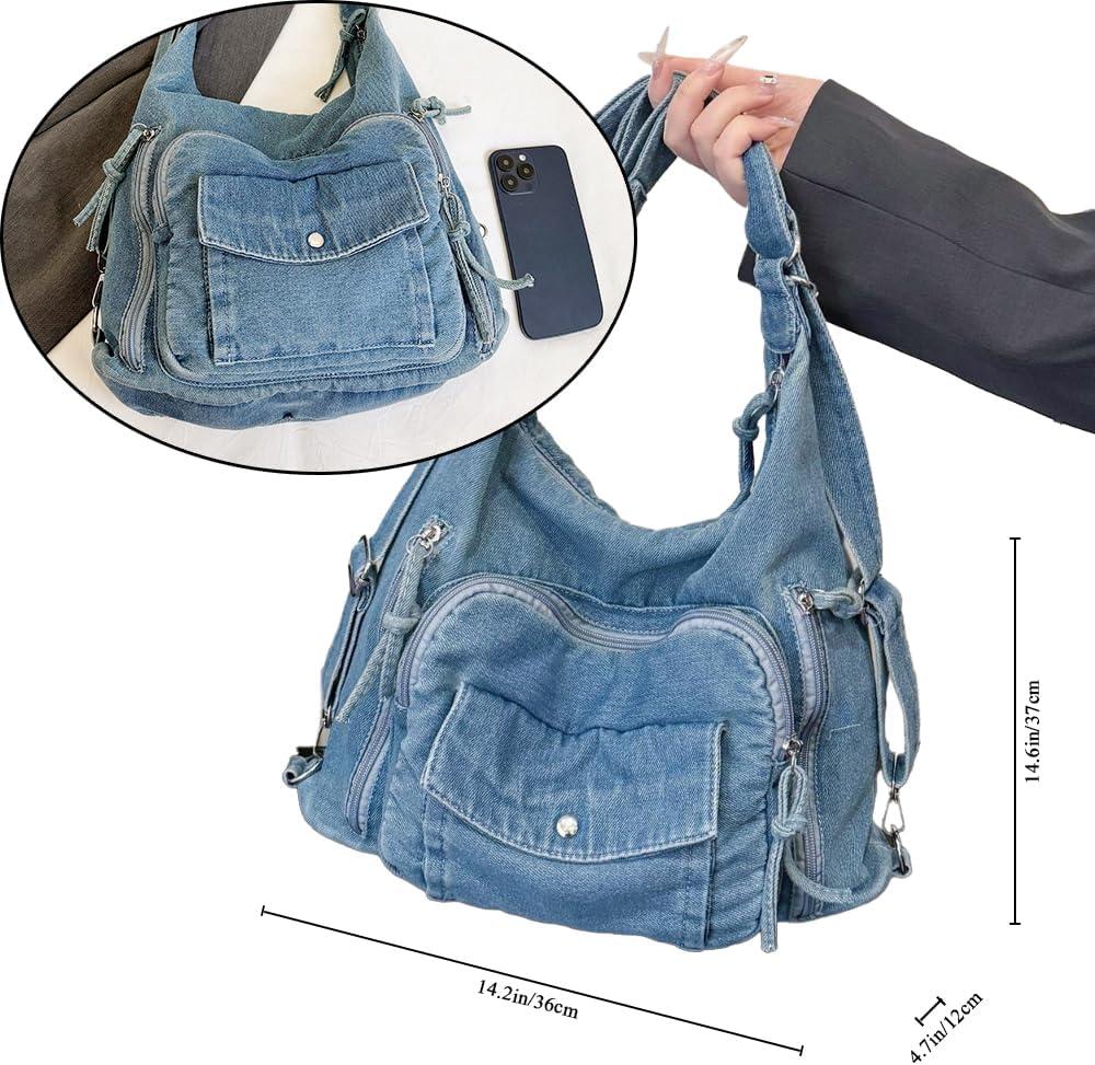 JennyShop Large Capacity Tote Purse with Multiple Pockets, High Quality Denim Shoulder Handbag, Classic Versatile Crossbody Bag