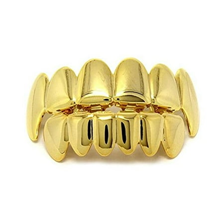 TekDeals Custom 14k Gold Plated Hip Hop Teeth Grillz Caps Top & Bottom Grill Fang Set