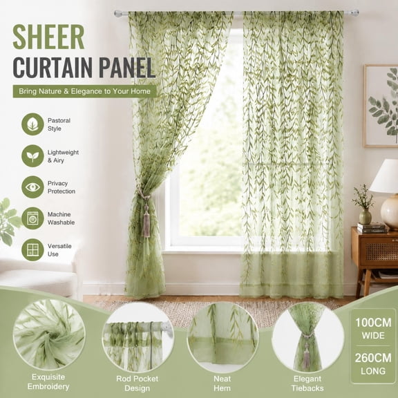 Kumdkd Green Sheer Curtains 39"x106" Long 1 Panel, Light Filtering Window Treatments Drapes for Living Room, Elegant Bedroom Curtains, Each Panel