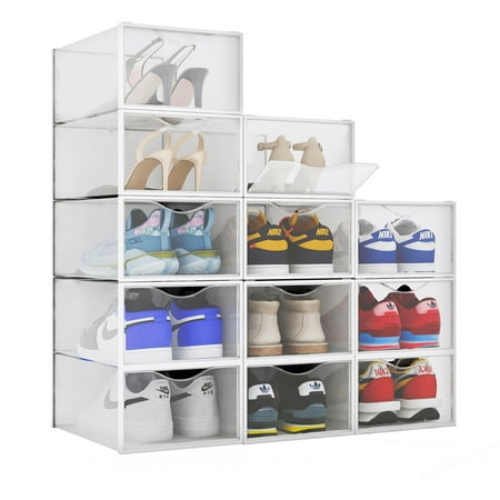 bino 12-pack plastic stackable shoe box set - clear | foldable shoe storage container | sneaker container shoe bins | shoe rack box | transparent shoe box | portable stacking shoe boxes front open