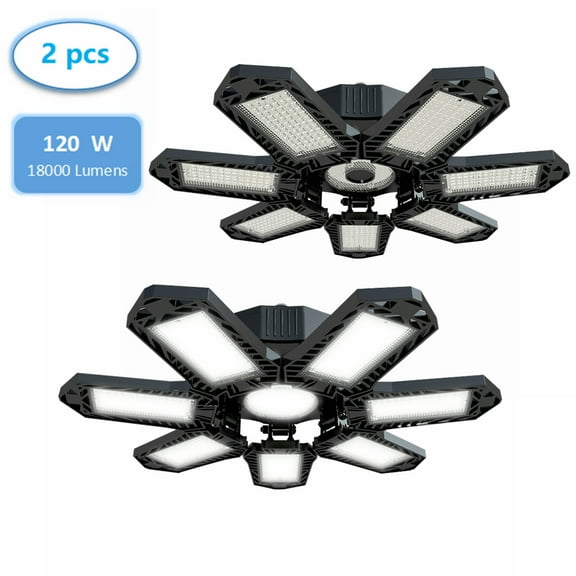 2 Pack LED Garage Lights, 120W Deformable LED Garage Ceiling Lights with 7 Adjustable Panels, E26 / E27 LED Lights for Garage