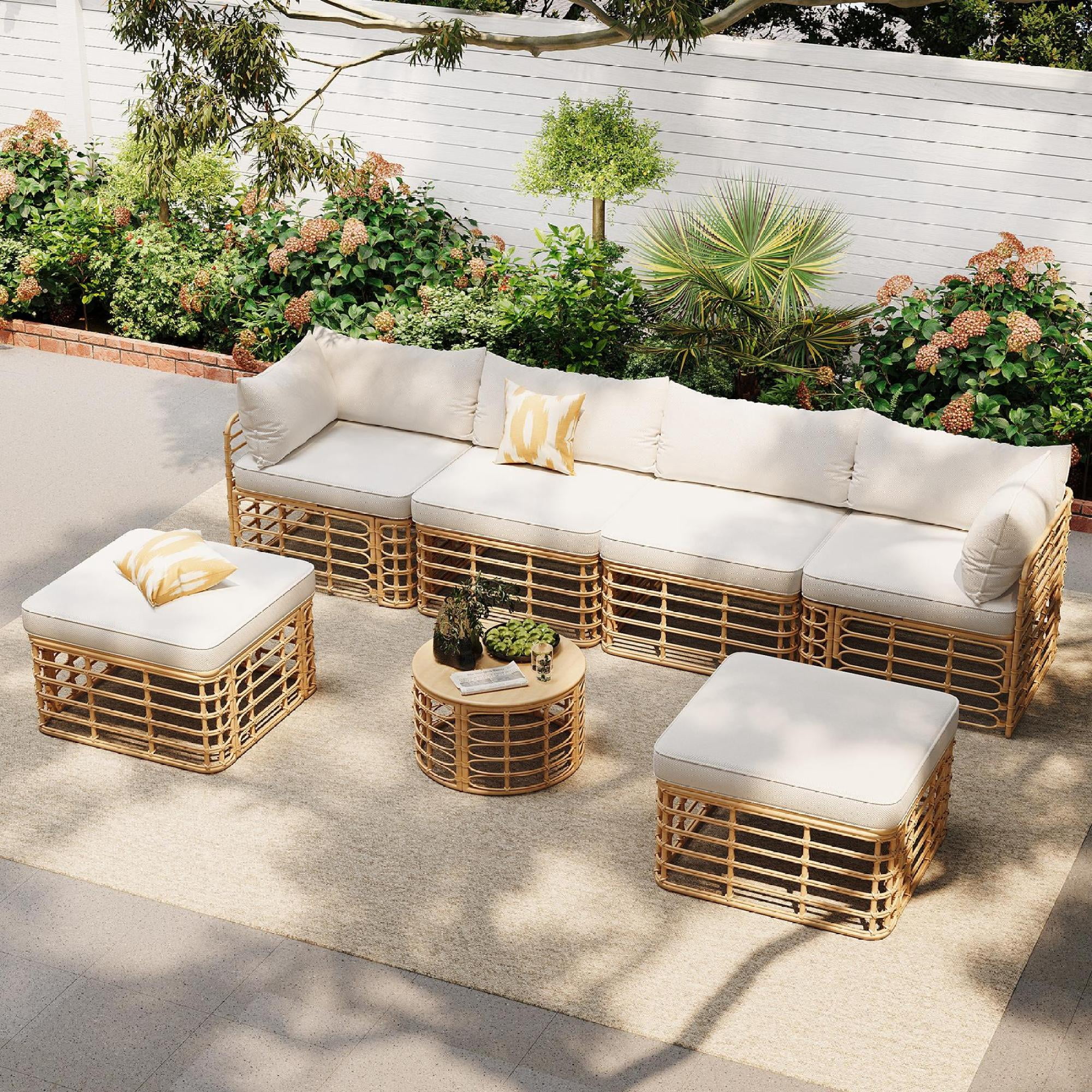 Leumius 7 Pieces Outdoor Patio Furniture Set,All-Weather Rattan Sectional Sofa Set with Thick Cushions and Pillows,Freely Combined Outdoor Conversation Sets for Garden,Backyard,Balcony,Beige