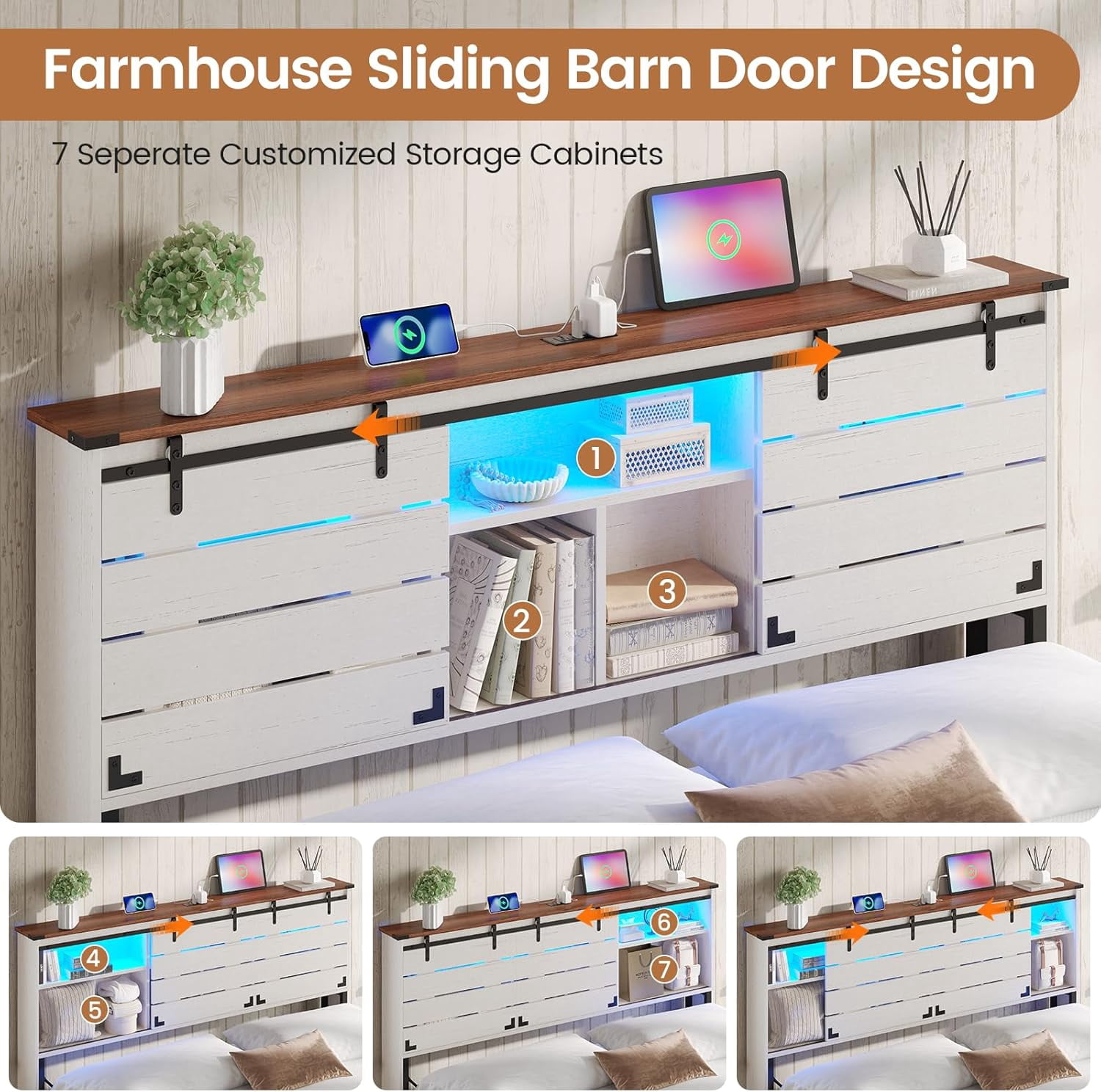 Wooden Bed Frame Full Size with Bookcase Headboard and Sliding Barn Door, Farmhouse Bed Frame Full Size with Charging Station, LED Lights and 4 Storage Drawers, No Box Spring Needed, White