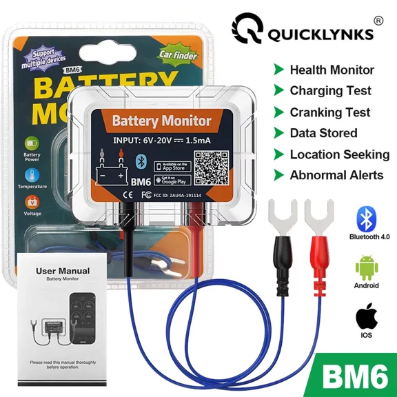 QUICKLYNKS BM6 12V Battery Monitor, Wireless Bluetooth 4.0 Car Battery Health Check APP Monitoring Battery Tester