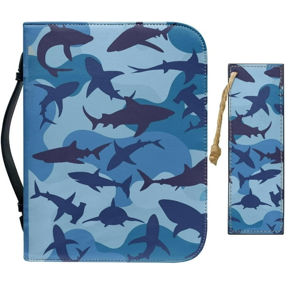Blue Shark Leather Bible Cover with Bookmark for Church Bible Case Large Waterproofing Bag Carrying Book Cover Zipper Protective Carrying Case Christian Gifts Women Men Art