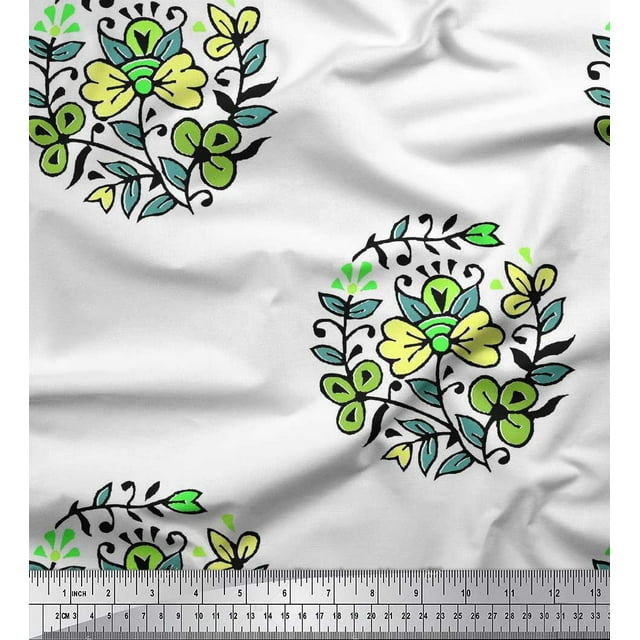 Soimoi Modal Satin Fabric Leaves & Floral Block Printed Fabric 1 Yard 42 Inch Wide