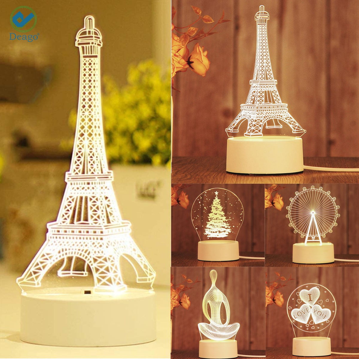 3D LED Desk Table Lamp Romantic Eiffel Tower Bedroom Night light Color Changing 
