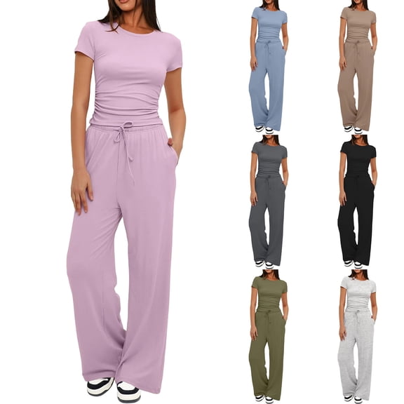 Two Piece Sets for Women Summer Casual Outfit Sets Solid Color Button Down Round Neck Short Sleeve Tops and Drawstring Wide Leg Pants with Pocket Sets Relaxed Vacation Wear