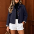 thumbnail image 4 of Women's Cropped Trench Jacket with Plaid Cuffs Button Front Lapel Collar Windbreaker, 4 of 8