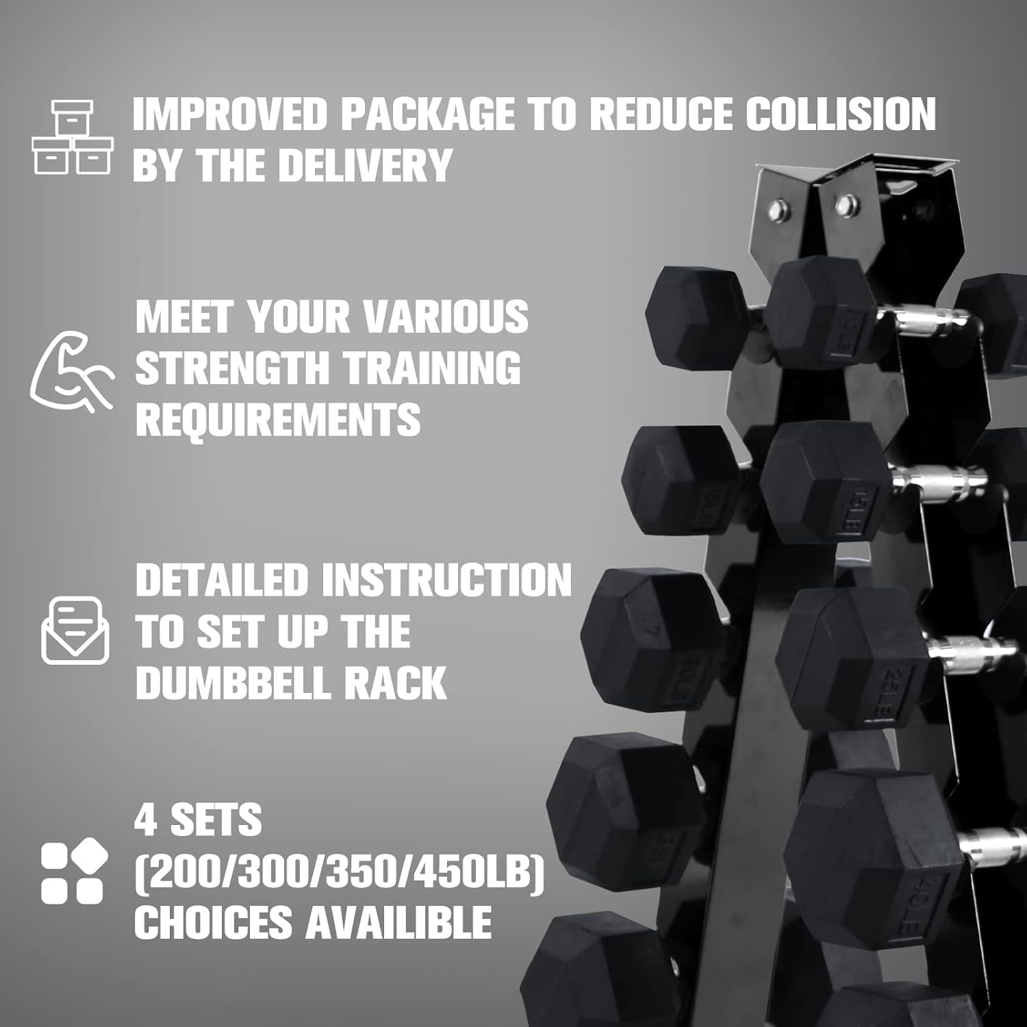 RitFit 200 LB Rubber Hex Dumbbells Set with Optional Dumbbell Rack, Multi Weight Set to Choose, Ideal for Home Gym and Fitness