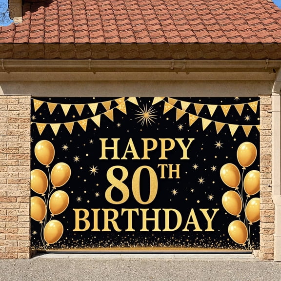 Golden Theme Happy 80th Birthday Banner Black Background 80th Birthday Display Shiny Stars Balloon Decor 80th Celebration Background for 80th Birthday Party Senior Celebration Family Gathering