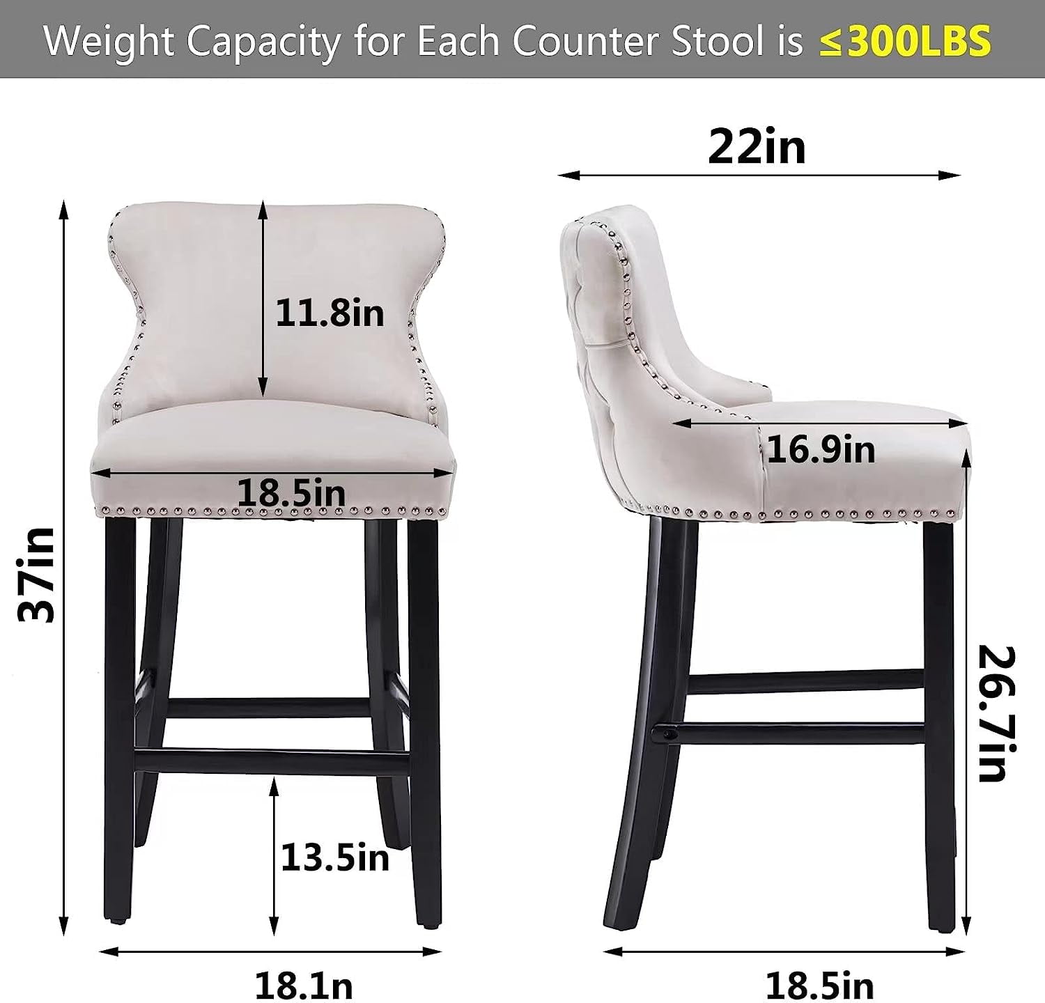 Seizeen Counter Height Bar Stools, Set of 2, Wing-back Velvet Dining Chairs with Soft Cushion, Solid Wood Legs, Button Tufted Decoration and Chrome Nailhead Trim, Beige