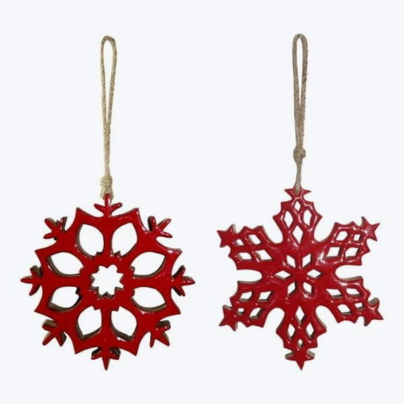 94304 - Wood Snowflakes Ornaments w/ Enamel Red, 2 Ast.