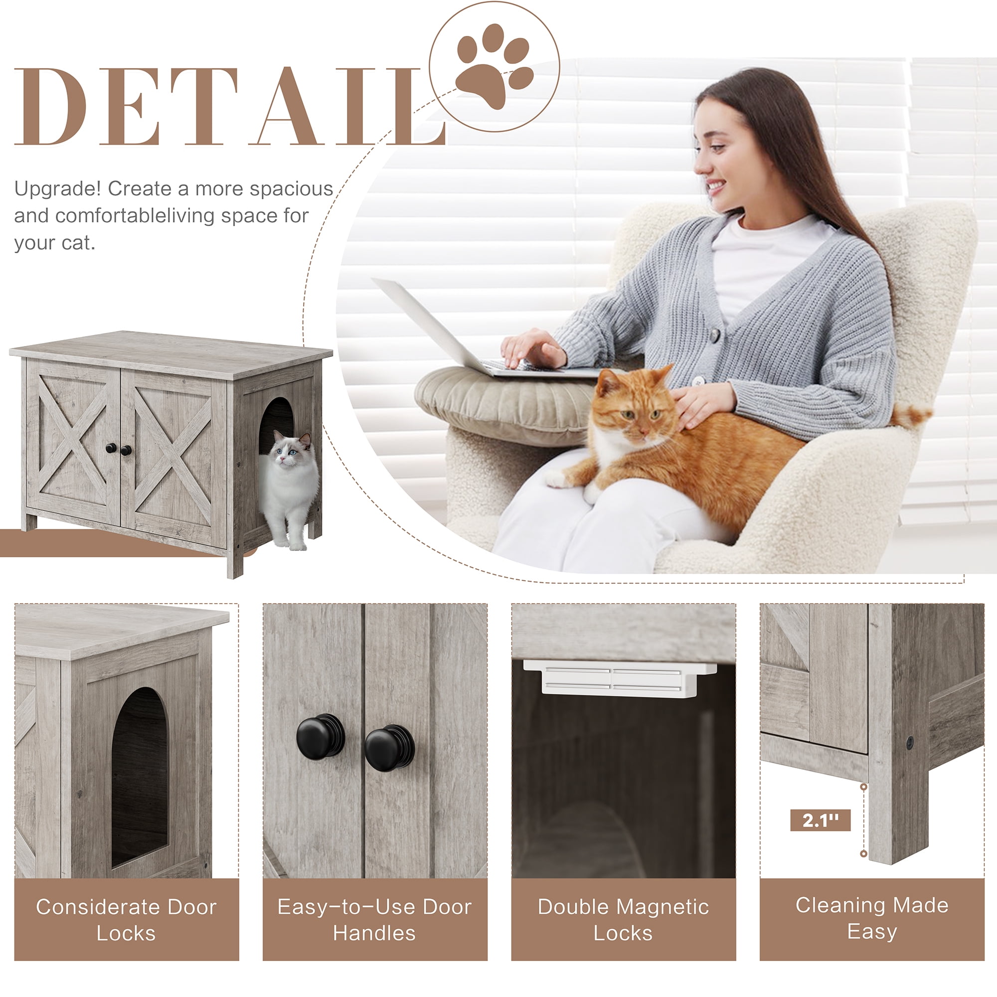 Walsunny Hidden Cat Litter Box Cat Washroom with Double Removable doors and Divider Indoor for Living Room Gray