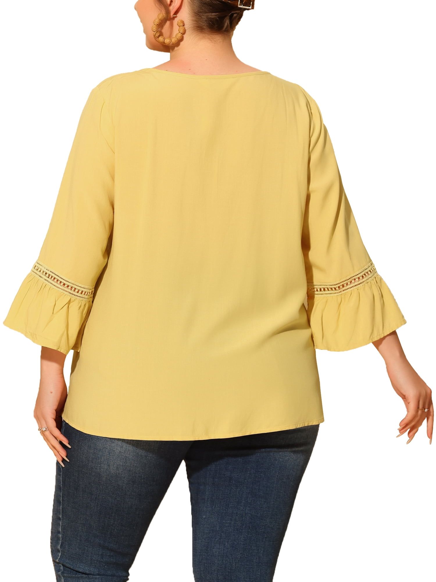 Unique Bargains Women's Plus Size Tie Neck Lace Insert 3/4 Flare Sleeve Blouses