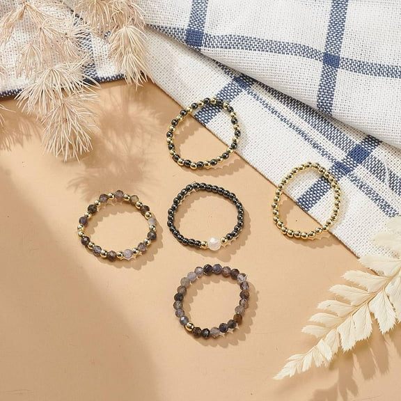 5pcs 5 style Natural Rainbow Moonstone & Dichroite & Hematite Round Beaded Stretch Finger Rings set Gemstone Jewelry for Women Mixed color US Size 9(18.9mm) 1pc/style