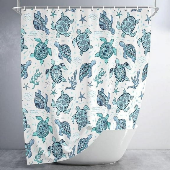 Sea Turtle Ocean Shower Curtain - Underwater Coastal Theme with Fish & Seashells in Blue Teal, Bath Decor Set with Hooks 72x72 Inches