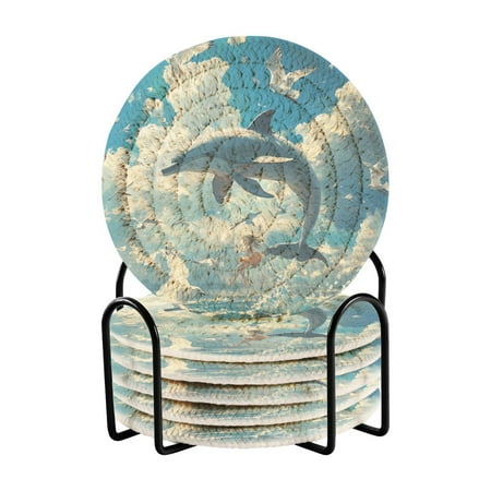 

WOBOGO Dolphins Collide with Seagulls Coil Coasters Set of 6 Minimalist Cotton Woven 3.94 inch Non-Slip Insulated and Absorbent Home Accessories.