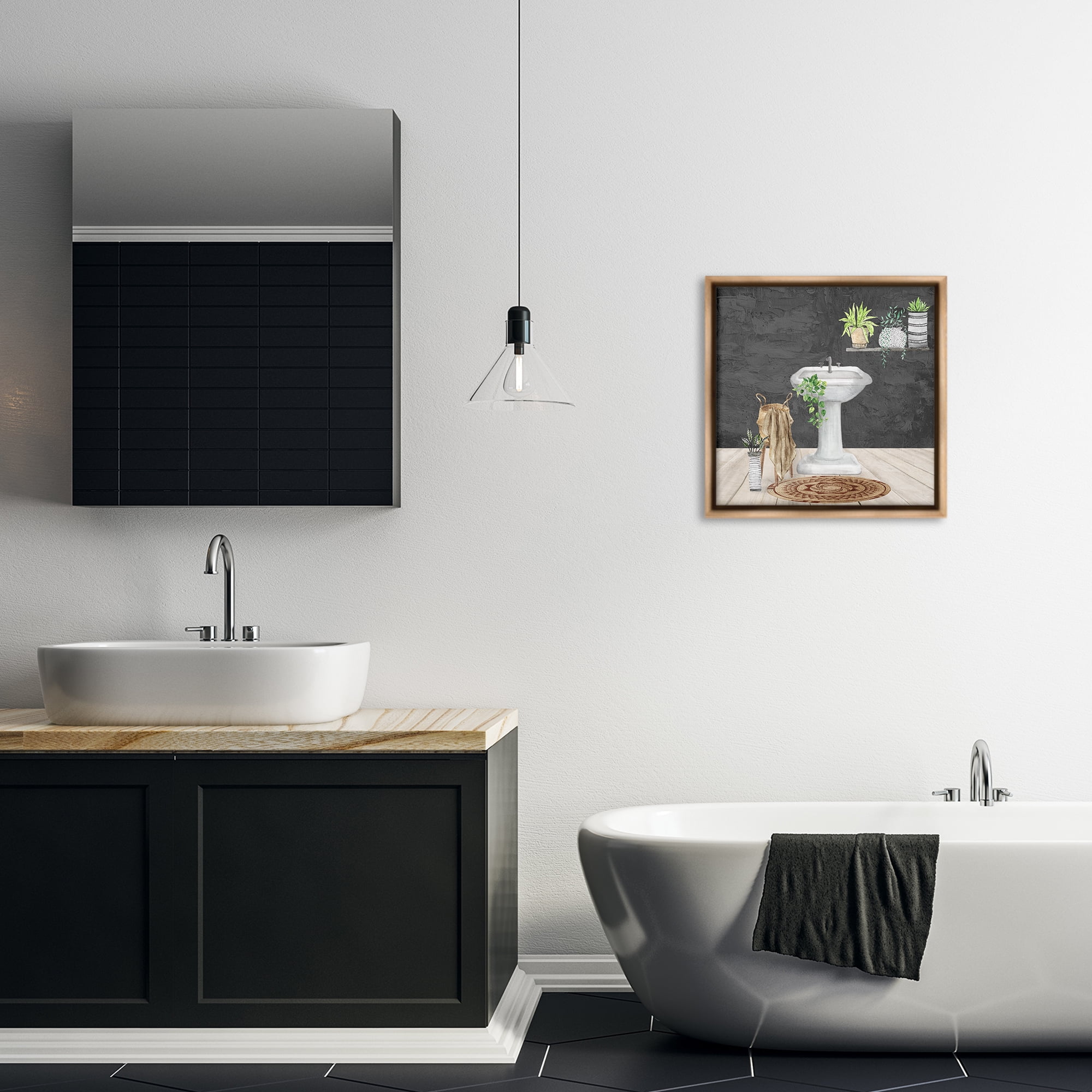 Stupell Industries Relaxing Bathroom View Bath & Laundry Painting Brown Floater Framed Canvas Art Print Wall Art, 18 x 18