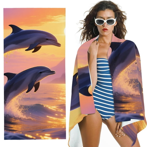 RKSupls Oversized Microfiber Beach Towel - Jumping Dolphins Print, Ultra-Soft Microfiber for Bathroom, beach, Soft Super Absorbent- 30x60 in