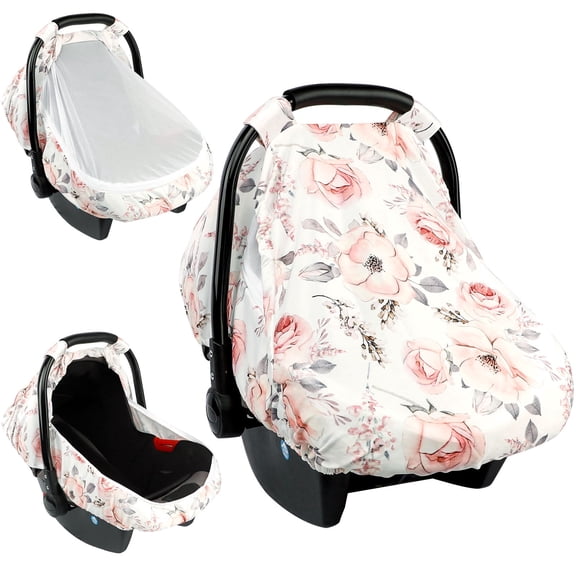 Floral Baby Carseat Cover Girls, Infant Car Seat Covers Canopy for Newborn with 2 Layers Windows of Breathable Mesh/Fabric, Lightweight Polyester Dot Backing, Snug Fit Most Baby Car Seat