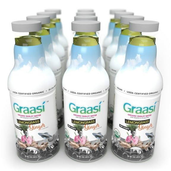 Graasi Organic Barley Grass Water | Hydration Drink with Vitamin C, D, Zinc | USDA Organic, Non-GMO, Vegan | Low-Calorie Wellness Beverage | Lemongrass Ginger | 12 Pack (16 Fl Oz Bottles)