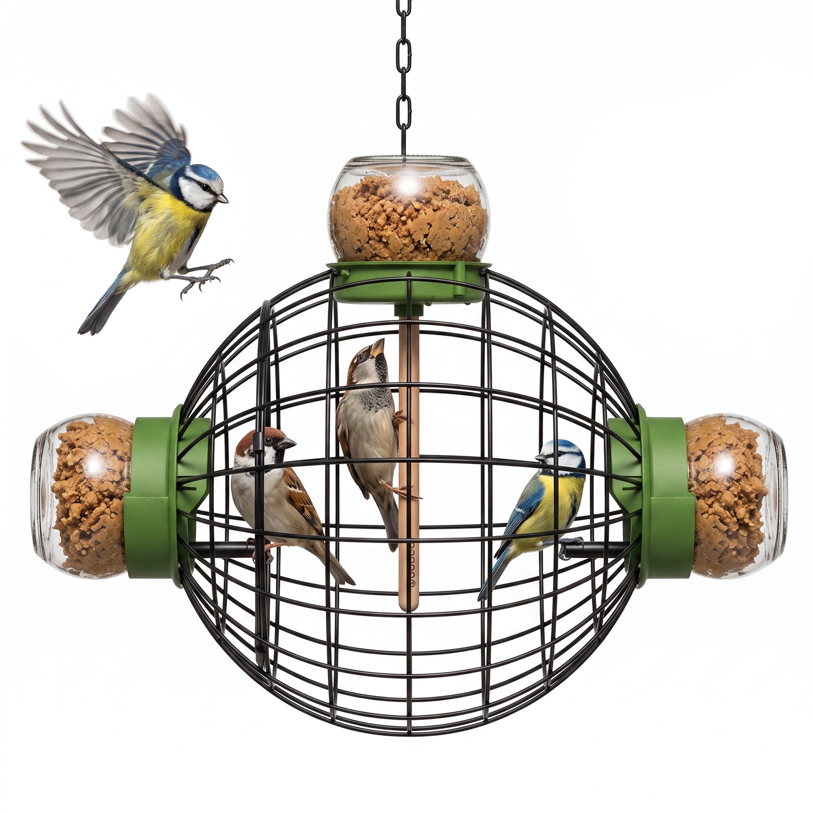 Squirrel Proof Bird Feeding Cage for Outdoor, All-Weather Metal Caged Bird Feeder with Peanut Butter Jar Holder, Trapeze Stick, Chew-Proof Feeding Cage for Small Birds