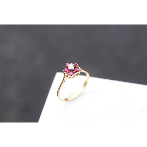 Bluebelljewels Round Lab Created Ruby 14K Yellow Gold Finish Silver Women's Flower Wedding Anniversary Ring