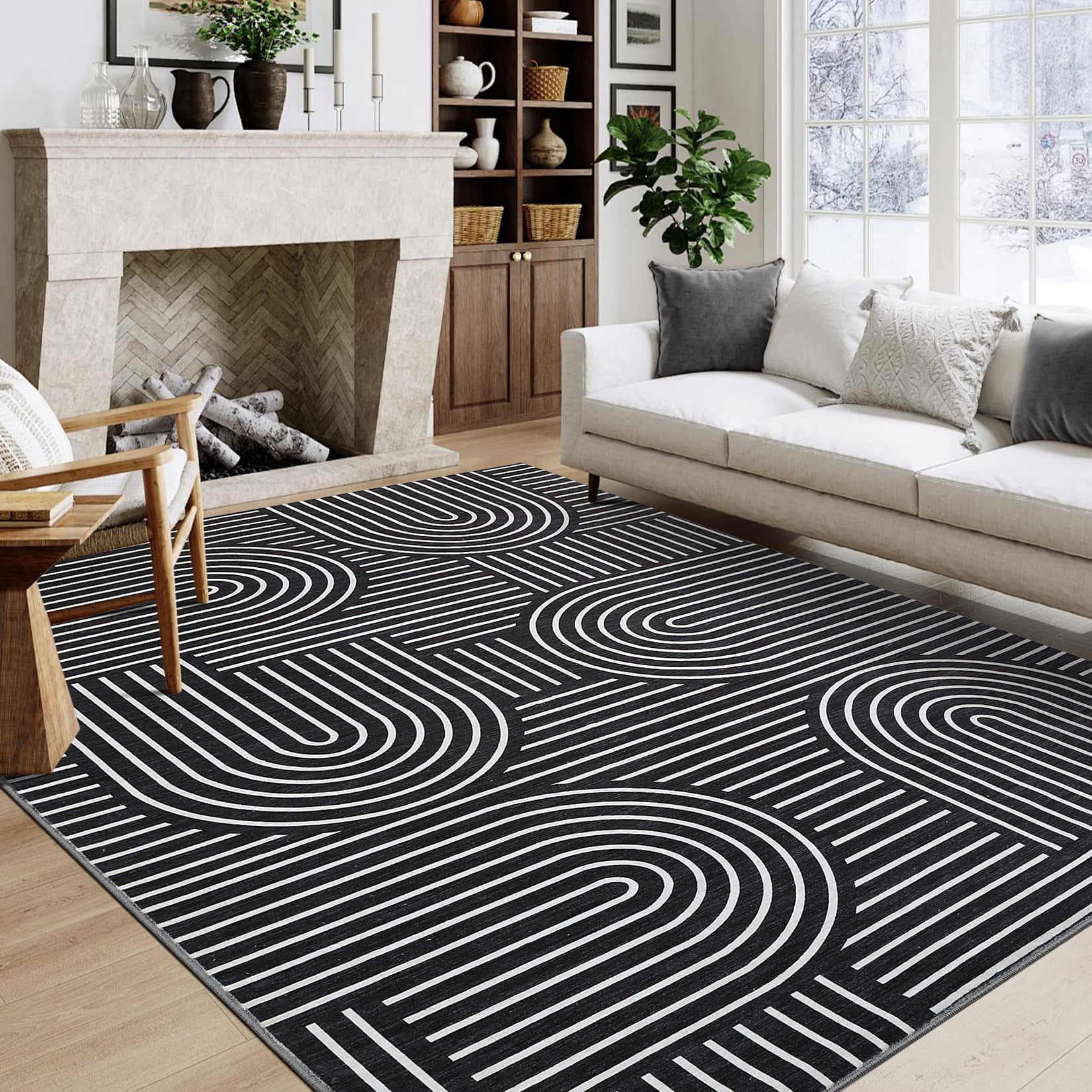 Hasoo Area Rug for Living Room 6' x 9' Washable Modern Geometric Rug with Black Rainbow Stripped Lines Home Decor Indoor Carpet