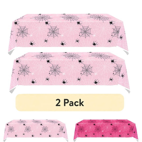 2 Pack Web Print Plastic Halloween Tablecloth 43 x 71 Inch – Disposable Tablecloth Cover with Spiderweb Design, Ideal for Birthday, Themed Events & Halloween Party Decor (Pink)