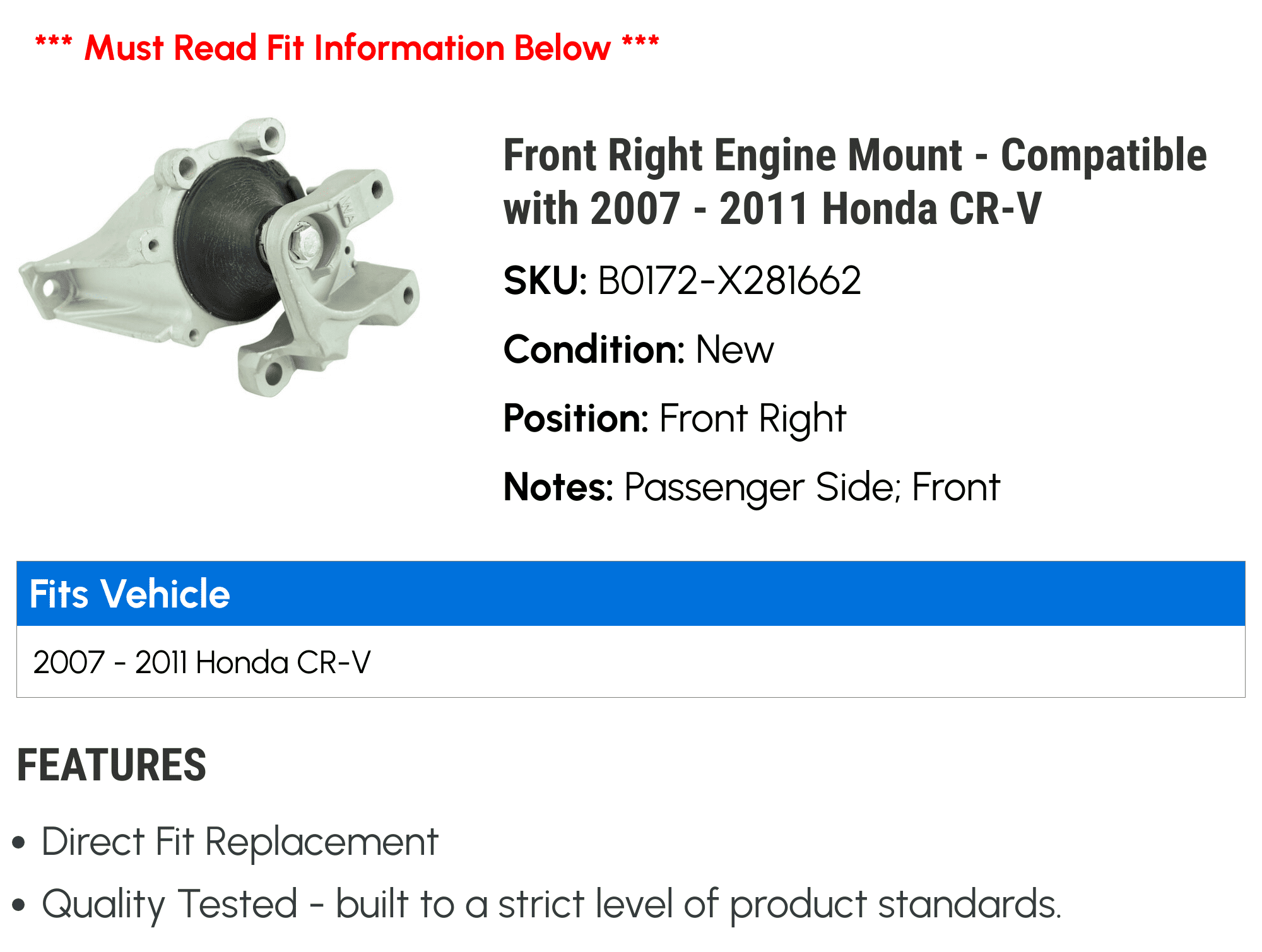 Front Right Engine Mount - Compatible with 2007 - 2011 Honda CR-V 2008 2009 2010
