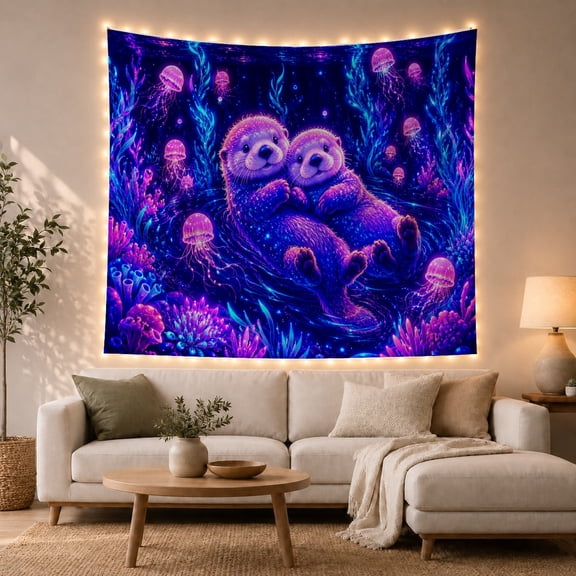 Affectionate Sea Otters Floating with Glowing Jellyfish Dreamy Digital Art for Ocean Lovers Bioluminescent Wall Decor Housewarming Gift Tapestry Wall Hanging for Bedroom and Living Room