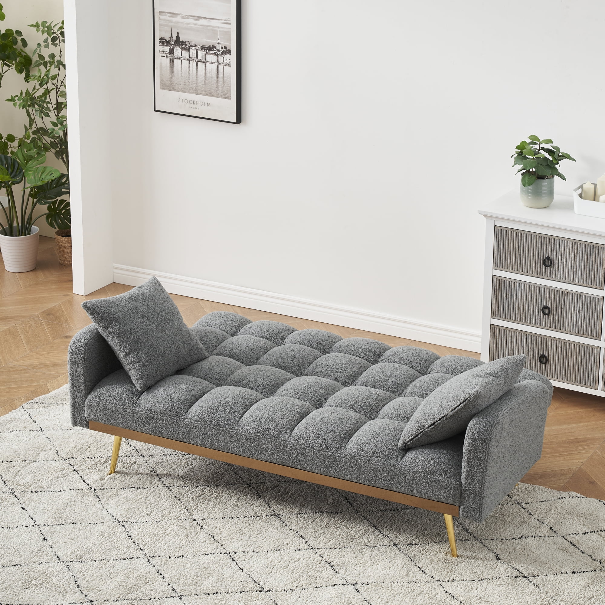 Convertible Futon Sofa Bed,69 Inch Modern Teddy Loveseat Sofa Couch with Adjustable Backrest for Small Space,Living Room,Gray