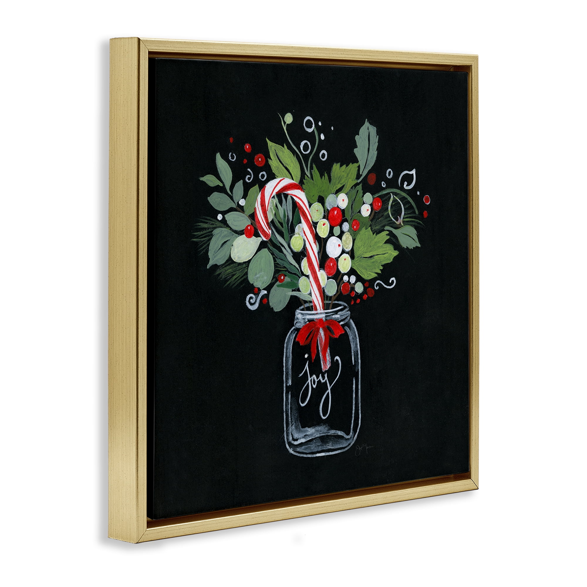 Stupell Industries Joy Candy Cane Jar Holiday Painting Gold Floater Framed Canvas Art Prints Wall Art, 25 x 25