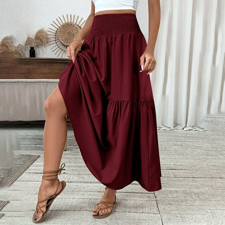 Efsteb Womens Long Skirts High Waist Pleated Skirt Comfy Casual