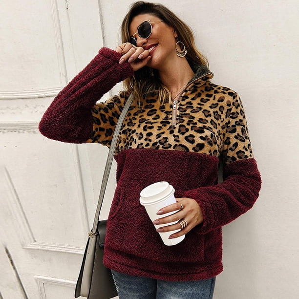 Mujeres Otoño Invierno Sudadera con capucha de felpa Sudaderas Leopard Splice Manga larga Cuell MABOTO Sudaderas