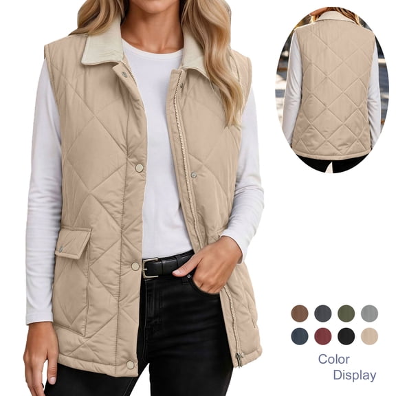 Jovrlynd Women's Puffer Vest Button Zipper Quilted Jackets with Pockets Plus Size Winter Warm Coats, S-3XL