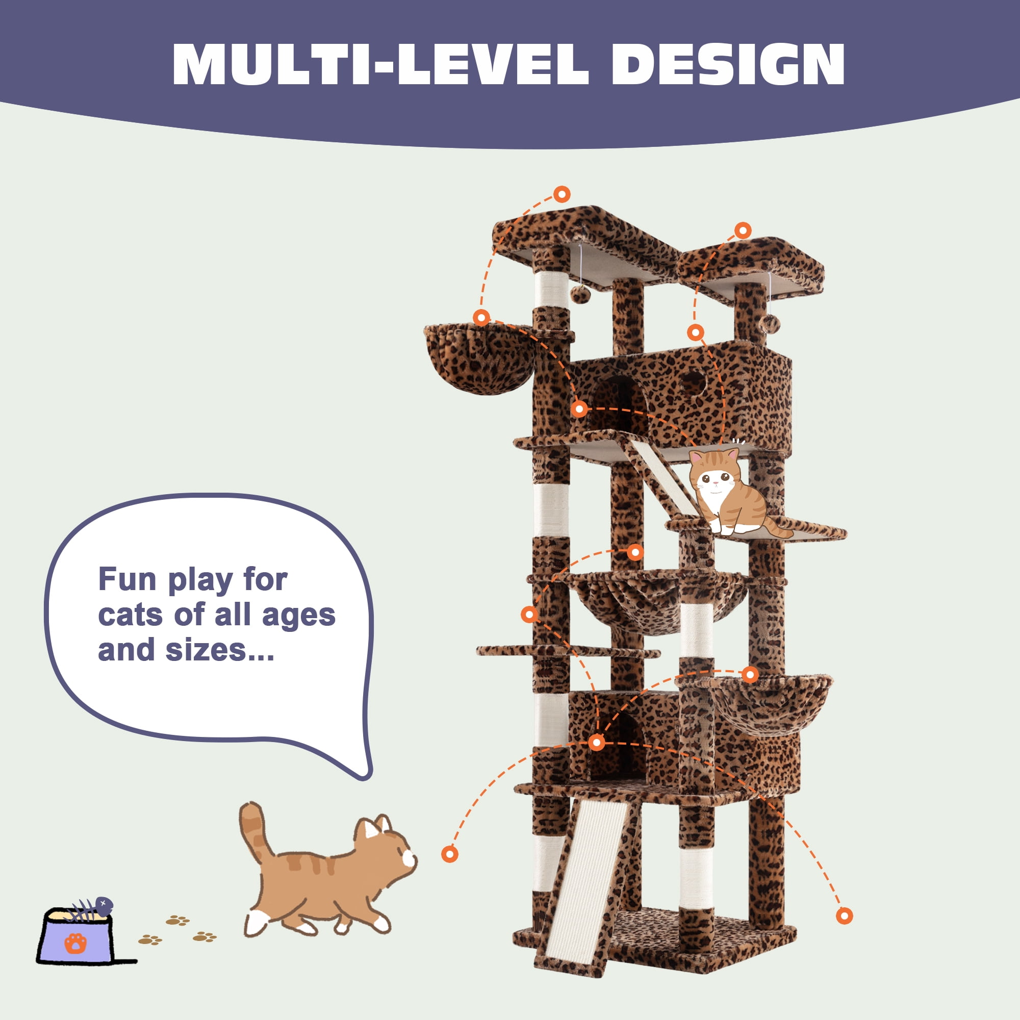 Sifurni 81" Multi-Level Tall Cat Tree Tower for Large Cat with Cat Condo and Hammock, Scratching Post & Scratching Ramp, Leopard Print