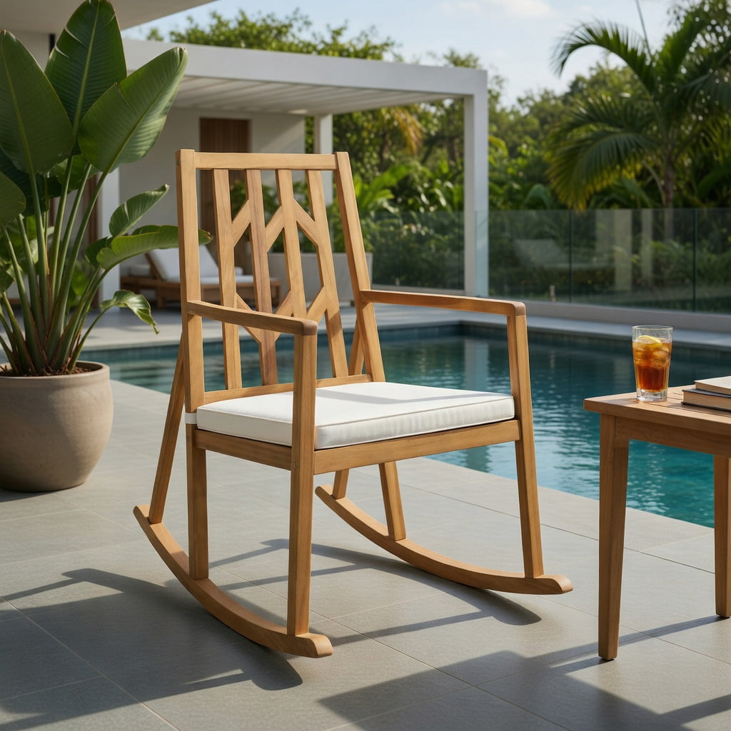 Hommoo Acacia Wood Patio Rocking Chair Sofa with Removable Cushion, Natural Wood Frame, Outdoor Garden & Deck Seating for Backyard, Poolside, Porch, White