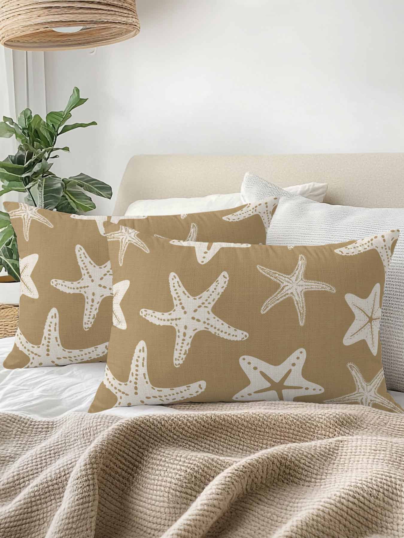 Outdoor Pillows Waterproof, Beige Brown Starfish Coastal Bedding Throw Pillows with Insert for Couch Sofa Bed, Nautical Summer Ocean Abstract Art 12x20 Inch Pillowcases Patio Pillow Set of 2
