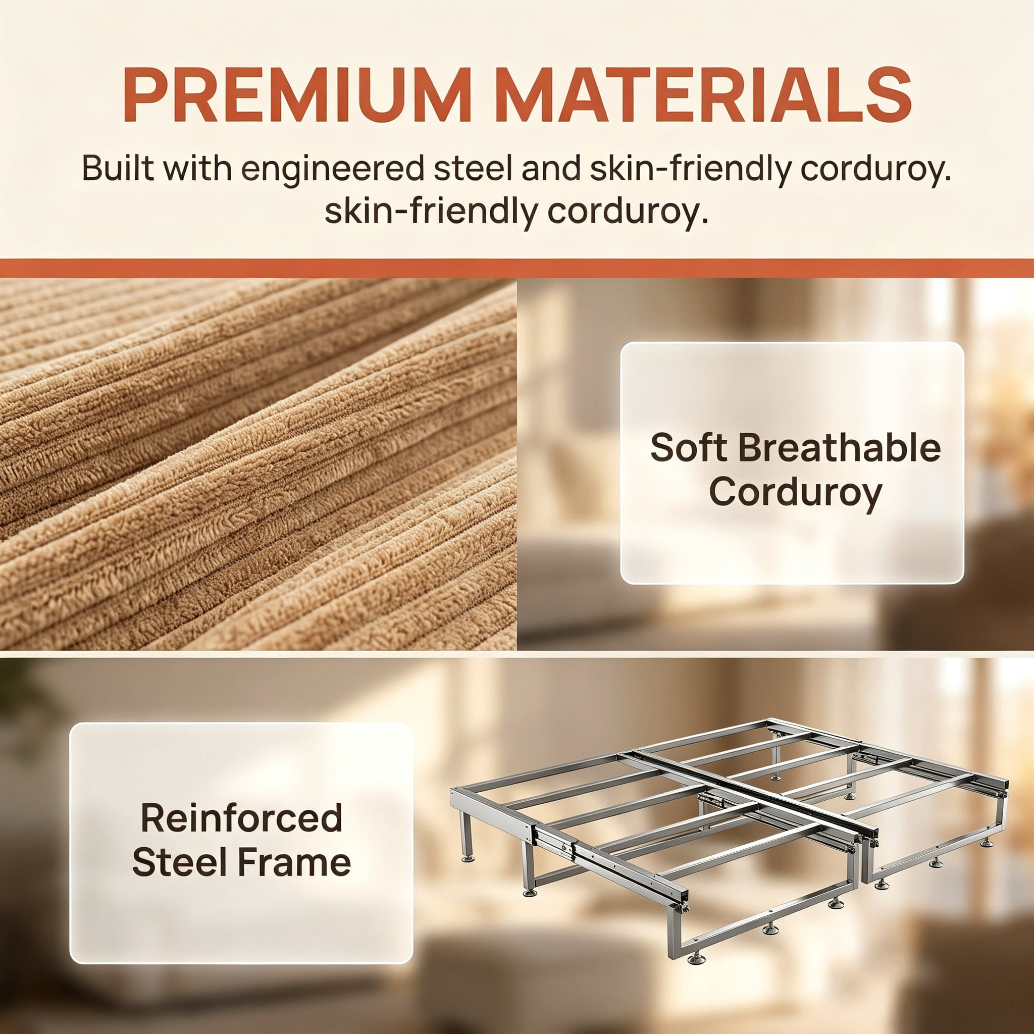 3-in-1 King Size Sleeper Sofa Bed, 94.5" Corduroy Convertible Pull Out Couch with Steel Frame, Modern Folding Lounge Sofa for Living Room, Camel