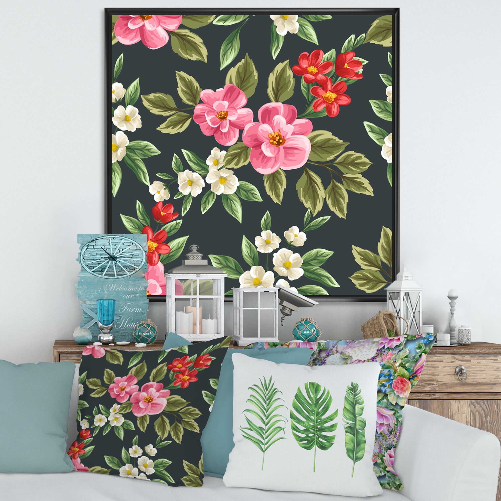 Designart 'Vintage Red and Pink Wildflowers II' Traditional Framed Canvas Wall Art Print