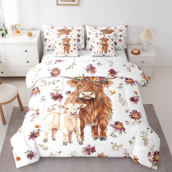 Erosebridal Highland Cow 7-Piece Bedding Comforter Set For Teens,Farm Animal King Bedding Sets,Chic Flowers Ultra Soft Bed Sheets