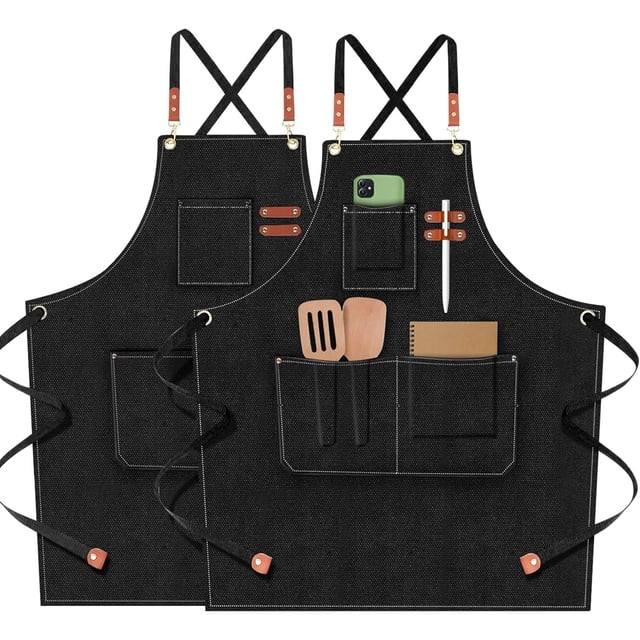 2 Pack de delantales de cocina para mujeres y hombres, delantales ajustables con peto y bolsillos, delantales de cocina unisex para asar a la parrilla, hornear, pintar y crear estilo
