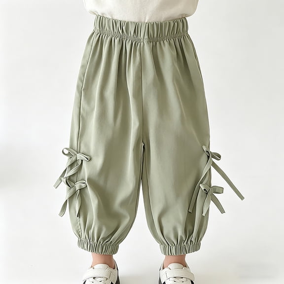 Angala Toddler Girls Active Pants Bowknot Relaxed Fit High Waisted Fall Casual Girls Baggy Pants Size 4-5 Years Light Green